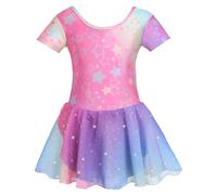 zffriction Ragazza Vestito da Balletto Manica Corta Balletto Leotard Vestito Danza Tutu Body Ginnastica con Shinny Chiffon Gonna (Arcobaleno Stelle,140)