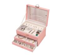 ZFIHAV Organizzatore Di Gioielli Da Viaggio Grande scatola portaoggetti for gioielli a tre strati con capacità di lucernario e design raffinato for collane orecchini Per Anelli E Collane(Pink)