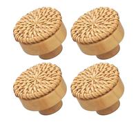 ZFIHAV Pomello In Rattan Per Mobili 4 pezzi in legno di faggio + pomelli intrecciati for mobili, cassetti, armadi, guardaroba, credenza, TV, cantinetta for vino Per Porta