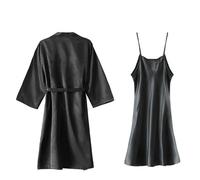 ZFLBDBG Abiti da Mattina Lunga Femminile E Estate Simulata Simulazione di Velani Ricamati Seta, Abito Damigella d'Onore Sposa, Camicia Notte Nozze-Black A Maniche Lunghe Senza Parole - con