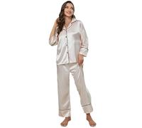 ZFLBDBG Camicia da Notte Sexy a Bretelle Imitazione Donna in Seta Casual Comfort Bavaglio Manica Lunga Pigiate I Pantaloni Sciolti Possono Essere Indossati Come Una Giacca-Champagne-s