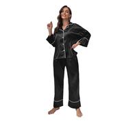 ZFLBDBG Camicia da Notte Sexy a Bretelle Imitazione Donna in Seta Casual Comfort Bavaglio Manica Lunga Pigiate I Pantaloni Sciolti Possono Essere Indossati Come Una Giacca-Nero-l