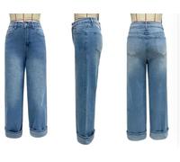 ZFLBDBG Jeans da Donna Fasci Prima E Estate Sciolta Elastica retrò Lunghi alla Moda-Azzurro-l
