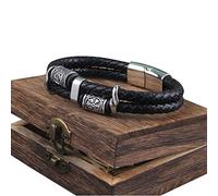 ZFSBRTL Bracciale Uomo in Pelle Intrecciata con Rune di Vegvisir, Amuleto Bussola Nordica Celtica Gioielli Bracciale Magnetico Fibbia Scatola Legno,21.5cm