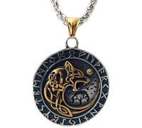 ZFSBRTL Collana con Ciondolo Fenrir Lupo Vichingo Odin, Amuleto Mitologia Norrena da Uomo in Acciaio Inossidabile Oro E Argento Runa Vegvisir, Gioielli Celtici, Catena da 60 cm,d'oro