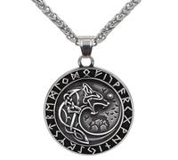 ZFSBRTL Collana con Ciondolo Fenrir Lupo Vichingo Odin, Amuleto Mitologia Norrena da Uomo in Acciaio Inossidabile Oro E Argento Runa Vegvisir, Gioielli Celtici, Catena da 60 cm,Argento