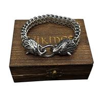 ZFSBRTL Mitologia Nordica Bracciale d'Argento Testa Lupo 3D, Bracciale Uomo in Acciaio Inossidabile Teschio Vichingo Odino Lupo Fenrir Regali Gioielli Amuleto Vintage Scatola Legno,21cm