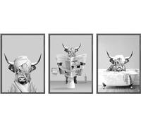 ZFTCN Set di 3 poster con mucca altopiani per il bagno, immagini di soldi, orangutani e scimmie, animali neri e bianchi, senza cornice (poster 02, 3 pezzi, 30 x 40 cm)
