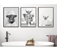 ZFTCN Set di 3 poster con mucca altopiani per il bagno, immagini di soldi, orangutani e scimmie, animali neri e bianchi, senza cornice (poster 01, 3 pezzi, 30 x 40 cm)