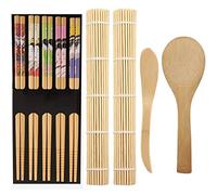ZFYQ Kit per Fare Sushi in Bambù, 9 Pezzi, Tappetino per Arrotolare Il Sushi, Include 2 Tappetini in Bambù, 5 Paia di Bacchette, 1 Spatola per Riso, 1 Cucchiaino
