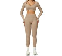 ZGCrumphant Set da yoga da donna Set da due pezzi for sport corsa all'aperto con logo personalizzato donna a contrasto di colore senza cuciture for yoga schiena cava e vita alta(Khaki Brown 1,XL)