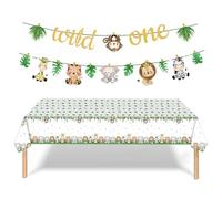 ZGDEIWGF 1 Bandiera Animale della Giungla, 1 Tovaglia Animale, Wild One, Decorazione Compleanno, Feste Bambini, Multicolore, Taglia Unica, Montaggio a Parete
