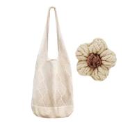 ZGDEIWGF 1 borsa a maglia cava, 1 fibbia decorativa a fiore piccolo, borsa in rete traspirante, borsa da spiaggia estiva, cartella scozzese, borsa in tessuto, borsa per la spesa di grande capacità