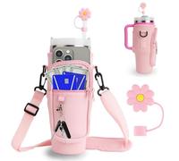 ZGDEIWGF 1 copertura per bicchieri rosa e 2 tappi in silicone per cannuccia, borsa per bottiglie d'acqua con tracolla, borsa per bottiglia d'acqua, chiusura riutilizzabile