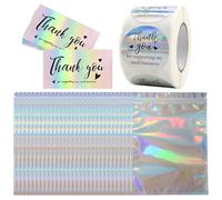 ZGDEIWGF 100 Biglietti di Ringraziamento, Dotati di 500 Adesivi di Ringraziamento E 30 Sacchetti con Chiusura Lampo, Sacchetti per Imballaggio in Plastica, Accessori per Confezioni Regalo