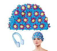 ZGDEIWGF Cuffia da nuoto e clip per naso da donna, simpatici cappucci da bagno vintage con motivo floreale, accessori da nuoto in tessuto e silicone blu, taglia unica, impermeabile e antiscivolo