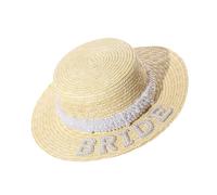 Zgehnao Cappello da festa, cappello di paglia da sposa con lettere e perle, per addio al nubilato, cappello da sole intrecciato a mano, cappello da sole in paglia per la sposa, cappello da sposa, 5-6