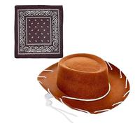 Zgehnao Cappello in denim per bambini, stile occidentale, con fazzoletto, per proteggere dal sole, sport all'aria aperta, per ragazzi e ragazze, Marrone, 5-7