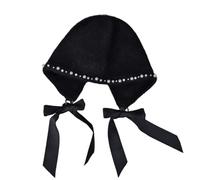 Zgehnao Cappello in pile con fiocco, perle e nappe, cappello elegante da donna caldo cappello elegante nero con paraorecchie per guardaroba da donna, Nero , 5-6