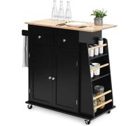 ZGHQHCDRH carrellino cucina Carrello in legno con armadietto portaoggetti, maniglia per asciugamani, 2 cassetti, portaspezie laterale e portabottiglie per vino Carrello Mobile per Bevande(Black)