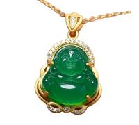 ZGHQHCDRH Ciondolo collana di giada verde Feng Shui naturale per le donne Genuino Yoga Calcedonio Buddha Maitreya Buddha sorridente maschile S925 placcato