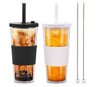 ZgoEC 730ML Bicchiere Bubble Tea Tumbler a Doppia Parete, Set di 2 Bicchiere con Cannuccia e Coperchio, Prova di Perdite Tazza Boba Cup Tumbler con Cannuccia, Tazza a Bolle per Caffè, Tè, Succo