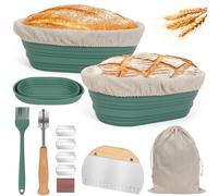 ZgoEC Cestino per la lievitazione per pane, pieghevole, in silicone, ovale, 26 cm, per la fermentazione, per pane, banneton, con tasca, lievito naturale, set con accessori per la cottura del pane,