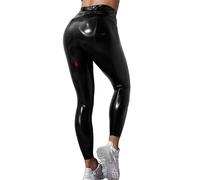 ZH8FCHAN Calze olografiche Nere Lucide delle Donne Wet Look PU in Pelle a Vita Alta Skinny Pants Night Club Wear (Black,M)