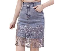 ZH8FCHAN Gonna in Denim Corta Elegante retrò con Paillettes A Vita Alta Nappe Gonne di Jeans Biforcato Blu Lungo Skinny con Primavera Estate Gonne Lunghezza con Strass Fatti A Mano (Blu1,L,L)