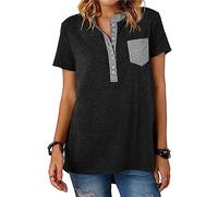 ZH8FCHAN Maglietta da Donna A Maniche Classics Polo per Il Lavoro A Maniche Corte con E Bottone Tasche Elegante Poloshirt Golf Camicia Sportiva Estate Top Traspirante con Scollo A V (Nero,3XL,3XL)