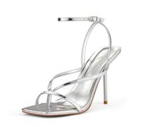 Zhabtuc Sandali con tacco da donna, Punta Quadrata, Tanga, Punta Aperta, Cinturino alla Caviglia con Fibbia, Sandali con Tacco, Scarpe Eleganti, Argento, 41 EU
