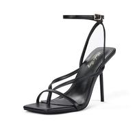 Zhabtuc Sandali con tacco da donna, Punta Quadrata, Tanga, Punta Aperta, Cinturino alla Caviglia con Fibbia, Sandali con Tacco, Scarpe Eleganti, Pelle verniciata nera, 38.5 EU