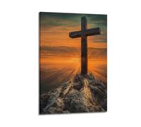 ZHANGJIENAN Decorazione artistica da parete con croce in legno sul picco di montagna al tramonto, decorazione religiosa serena per la casa e la sala di preghiera, decorazione artistica da parete