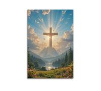ZHANGJIENAN Decorazione artistica da parete con crocifissione panoramica con colombe e raggi solari, decorazione religiosa pacifica per la casa e la sala di preghiera, decorazione artistica da parete