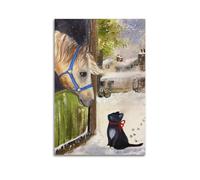 ZHANGJIENAN Illustrazione artistica da parete con illustrazione ad acquerello con cavallo e gatto innevato, decorazione artistica da parete per soggiorno e camera da letto, poster decorativo moderno