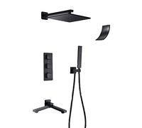 ZHANGshouf Set Miscelatore Doccia termostatico Nero Opaco con soffione a Pioggia, Rubinetto da Bagno a Parete con soffione, doccetta, Bocca di erogazione Girevole, 25 cm, A, 16 tum