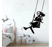 ZHANGXUANS Adesivo da parete in vinile nero - Ragazza a dondolo, adatto per camera dei bambini e camera da letto, tema artistico espressivo, adesivo da parete rimovibile 56x36 cm