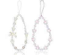 ZhangyiHot 2 pezzi bianco e viola fiocco perline braccialetto del telefono cinghia, cristallo farfalla fiore perla telefono perline cinturino da polso cordino per le donne portachiavi fascino design