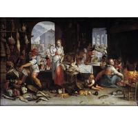 ZHAOSHAN Famoso Stampa Artistica Poster Stampa una mujer hace girar un pollo en una cocina llena de comida de Joachim Wtewael o Utewael per la Decorazione Domestica dell'ufficio 60x90cm