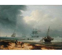 ZHAOSHAN Poster D'epoca Parete Immagine del Muro Navegando en una bahía azotada por el viento con hombres trabajando en la orilla por Luny per la Decorazione Domestica dell'ufficio 60x90cm