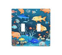 ZhaoYuGoods Placca da parete con stampa blu subacquea del mondo dei pesci, doppia levetta per interruttore della luce, 2 uscite, 11,4 cm x 11,4 cm, piastra frontale decorativa in PC per casa e ufficio