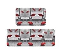 ZhaoYuGoods Set di 2 tappetini da cucina con motivo Torre Eiffel con ombrello rosso, con stampa, antiscivolo, per proteggere il pavimento, lavabile, comodo, per uso domestico, 43 x 75 cm + 43 x 120 cm