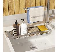 ZHCHAO - Scaffale telescopico per lavello in acciaio inox, regolabile, scolapiatti per sapone, spugna e stracci, organizer da cucina (argento, 23,5 x 10,5 x 54 cm)