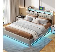 ZHDOKA 140 x 190 cm Letto con illuminazione a LED e ricarica USB, testiera per letti AVCE con ripiani aperti e portaoggetti nascosto, letti a due posti con rete a doghe per adulti e adolescenti