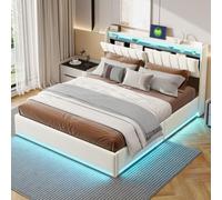 ZHDOKA 160 x 200 cm Letto con illuminazione a LED e ricarica USB, testiera per letti AVCE con ripiani aperti e portaoggetti nascosto, letti a due posti con rete a doghe per adulti e adolescenti, beige