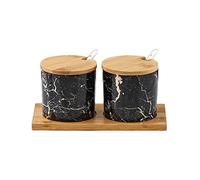 ZHDOKA 2 barattoli di condimento con coperchi e cucchiai, barattolo di ceramica in marmo con vassoio in legno, contenitore per spezie (nero)