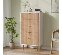 ZHDOKA Cassettiera a 5 cassetti, 60 x 34 x 109.8 cn - Mobiletto portaoggetti con gambe dorate e maniglie, cassettiera per corridoio in pannelli scanalati, armadio portaoggetti moderno, colore legno