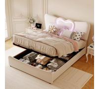 ZHDOKA Letto baule imbottito con USB e testiera a LED a forma di cuore,140x200cm, letto matrimoniale con spazio di archiviazione e rete a doghe in legno,telaio per letti per adulti e adolescenti