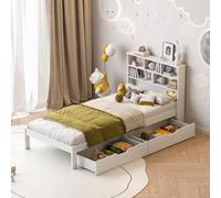 ZHDOKA Letto per bambini 90 x 200 cm con 2 cassetti, letto singolo cassapanca in legno con contenitore e rete in legno massello, letto di tipo libreria per adolescenti e bambini adulti, bianco (senza