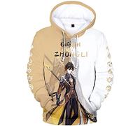 zhedu Game Genshin Impact Character Felpa con Cappuccio Venti/Hutao/Zhongli/Xiao/Ganyu/kazuha/Felpa Pullover con Stampa A Contrasto Neutro Moda Streetwear Top (2xs-4xl) (XL,Zhongli)